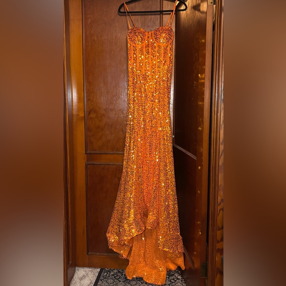 orange sequin formal gown corset top full sequin dramatic train fully lined 6